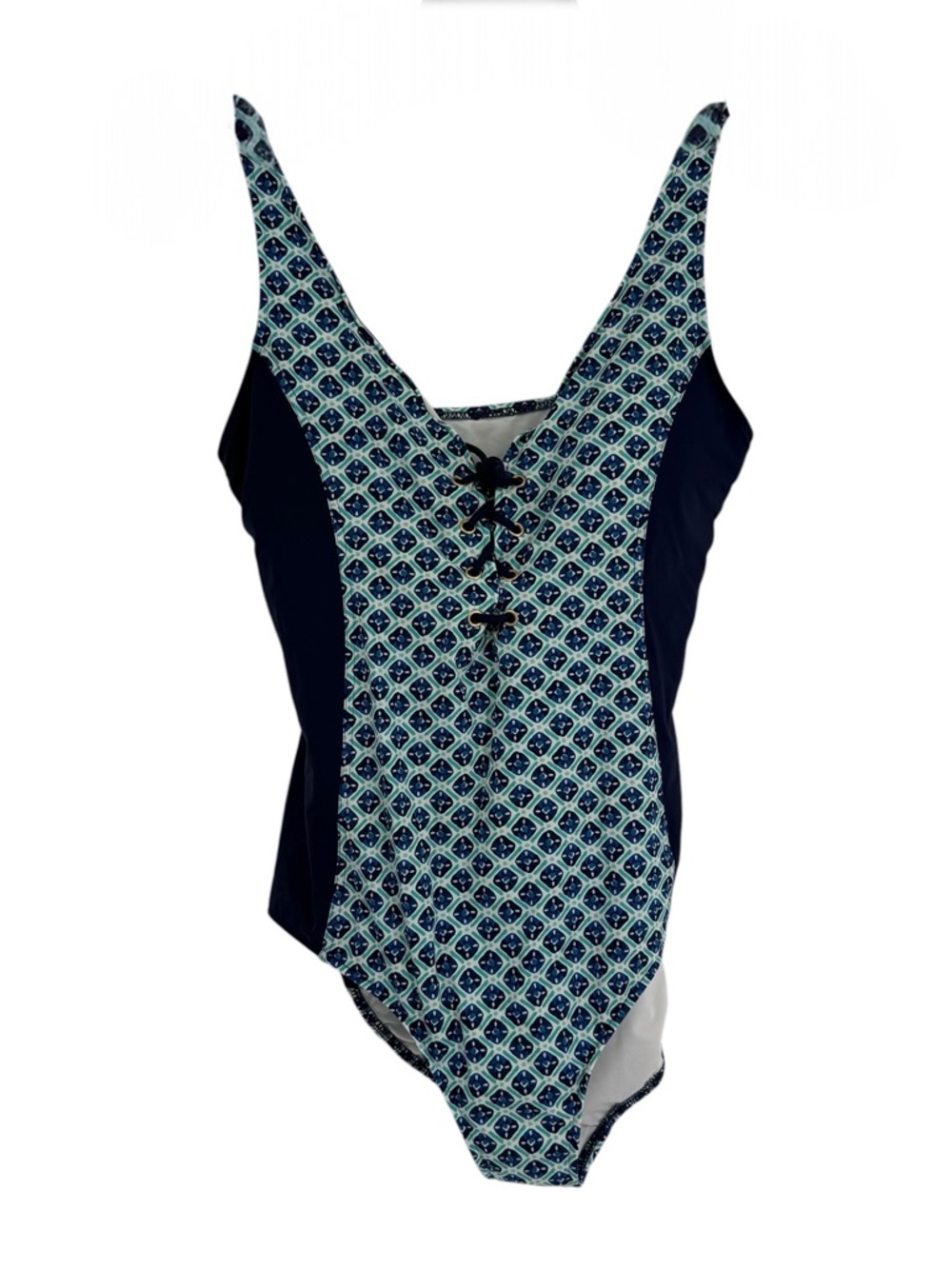 Lands' End Navy and Aqua Geometric Lace-Up One-Piece Swimsuit
